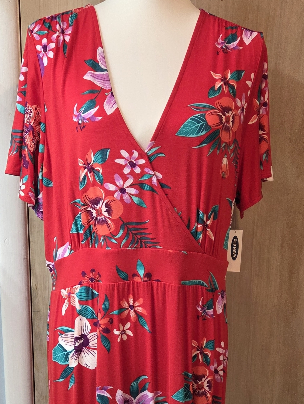 Old Navy V-neck Faux Wrap Red Floral Midi Dress XL NWT